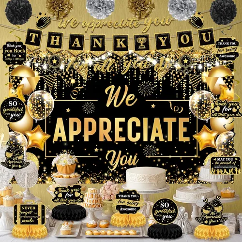 Vista 2 de Decoraciones de Fiesta We Appreciate You Negro Dorado Pancarta Thank You for All You Do Centros de Mesa de Panal Espirales Colgantes para Oficina