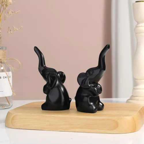Vista 5 de DUQGUHO Mini elefante negro regalos para mujer, estilo moderno, estatua de animal pequeño, 2 piezas de decoración de elefante para estantes
