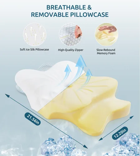 Vista 6 de Almohada cervical de espuma viscoelástica para cuello y hombros, almohada cervical de contorno ergonómico para dormir con 2 alturas, almohadas