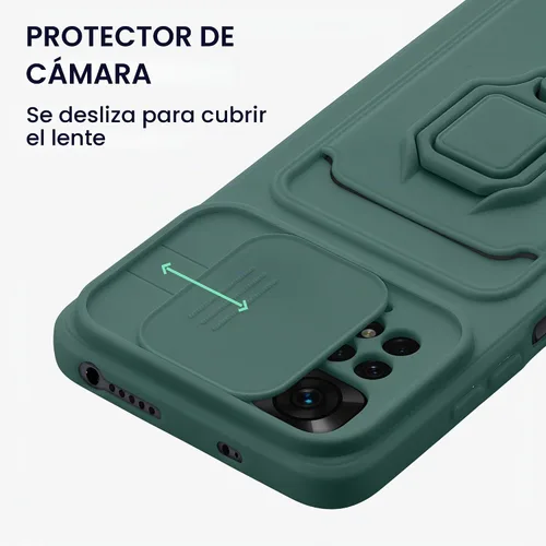 Vista 3 de kwmobile Funda de plástico compatible con Xiaomi Redmi Note 11 / Note 11S - Funda con soporte de metal con ranura para tarjetas - Verde musgo