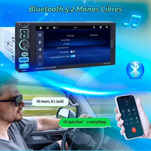Vista 4 de 6.9" IPS solo Din pantalla táctil Radio inalámbrico Apple CarPlay Android Auto Car Stereo with Bluetooth 5.2,Physical Knob Control,Waterproof