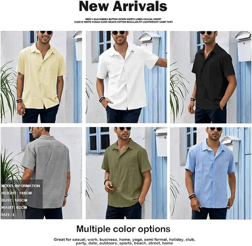 Vista 5 de Ryannology Guayabera - Camisas de lino de manga corta con botones para hombre, estilo casual, playa, campamento cubano, camisa mexicana para hombre