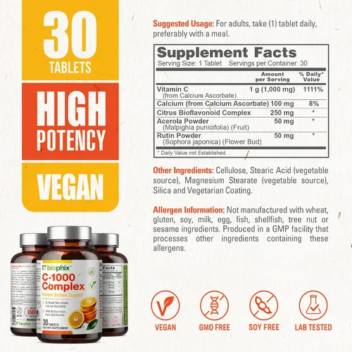 Vista 4 de biophix Vitamina C-1000 mg 30 tabletas Complejo - Vegano con calcio cítrico Bioflavonoides Acerola Rutina - Apoya la salud inmunológica