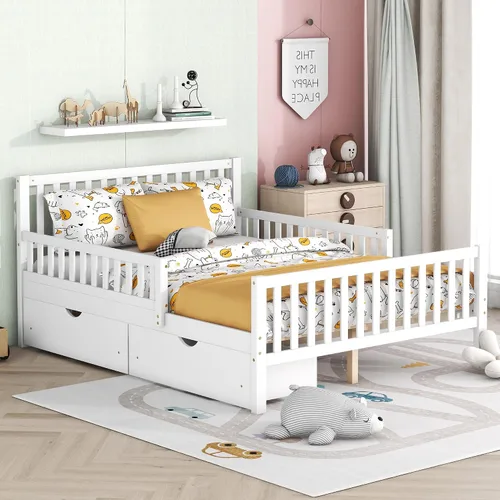 Vista 12 de Base de cama baja de madera para niños, cama de plataforma de madera con cabecera de 2 niveles, luz LED integrada, adecuada para niños y niñas