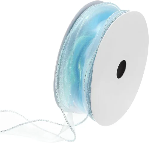 Vista 45 de MECCANIXITY - Cinta de organza con cable de 1 1/2" de ancho, brillante, transparente, con brillo irisado en tonos pastel, cinta de gasa para Beige