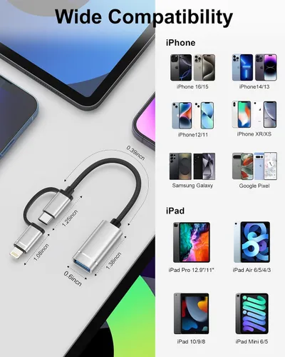 Vista 7 de Adaptador USB C/Lightning 2 en 1 a USB 3.0, cable adaptador USB a USB C OTG