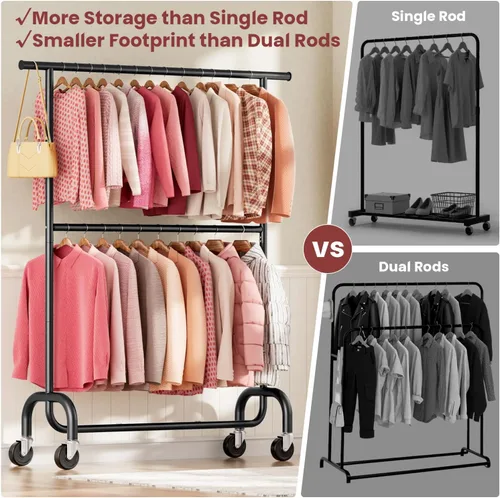 Vista 5 de Perchero resistente para dormitorio, perchero con ruedas de altura ajustable de 6 niveles, ruedas con bloqueo, perchero portátil para sala de estar