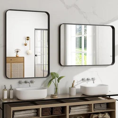 Vista 3 de Espejo de baño negro de 30"x22" - Espejo moderno para pared con esquinas redondeadas, espejos de baño para tocador, espejo enmarcado de aleación