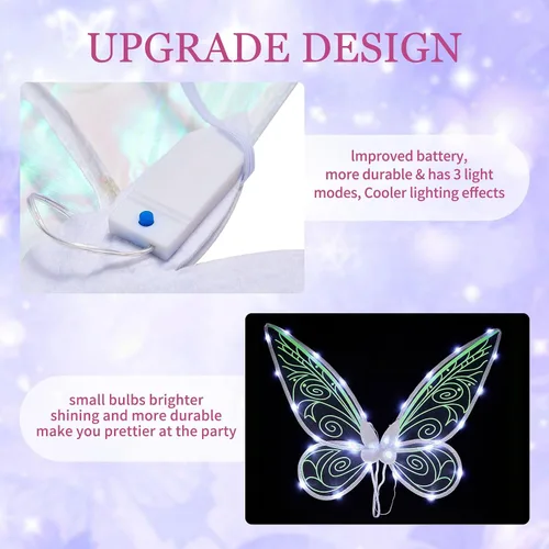 Vista 6 de Alas de hada iluminadas para mujeres y niñas, alas de ángel, alas fluorescentes de mariposa arco iris, disfraz de hada para Halloween, cosplay