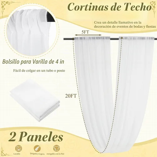 Vista 3 de Cortinas de techo blancas para fiestas, tela drapeada, 5 x 20 pies, 2 paneles de cortinas de boda para techo, cortinas de techo de gasa, cortinas