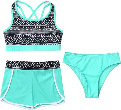 Vista 3 de Traje de baño hawaiano de 3 piezas para niñas y niñas, traje de baño de playa con parte inferior