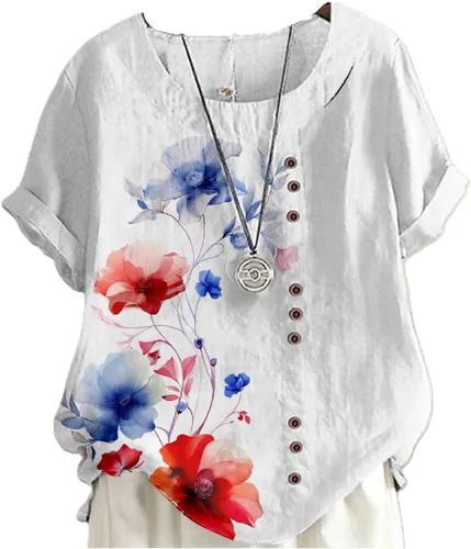 Vista 11 de domirica Camisetas de verano para mujer 2024 con estampado de flores, algodón, lino, manga corta, cuello redondo, camisas casuales de moda