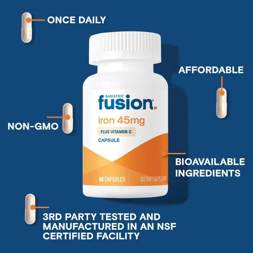 Vista 3 de Bariatric Fusion Suplemento de hierro de 45 mg con vitamina C 1 por día Vitaminas para mujeres y hombres Sin gluten, lácteos y soja Sin OMG
