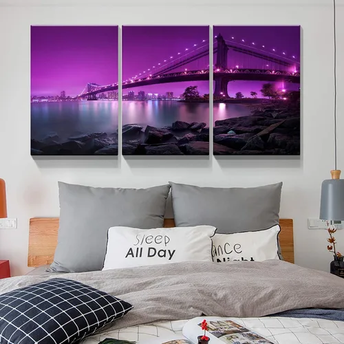 Vista 2 de Denozer - Lienzo decorativo para pared de 3 piezas - Paisaje con paisaje urbano, arte de puente, arte de pared para sala de estar, decoración