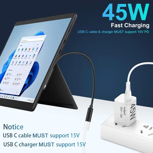 Vista 2 de Microsoft Surface Connect to USB-C PD 15V Cable de carga compatible con Microsoft Surface Pro Series, Surface Book Series, Surface Laptop Series
