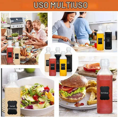 Vista 6 de Supkiir Botellas exprimibles de condimentos de 16 onzas con tapa superior, 5 botellas transparentes para salsa picante para condimentos, aceite