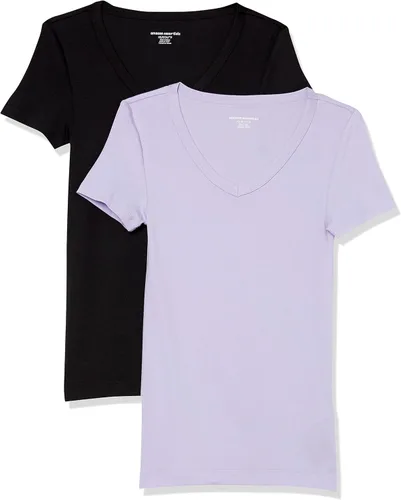 Vista 29 de Amazon Essentials Camiseta ajustada de manga corta con cuello en V para mujer, paquete de 2 Negro