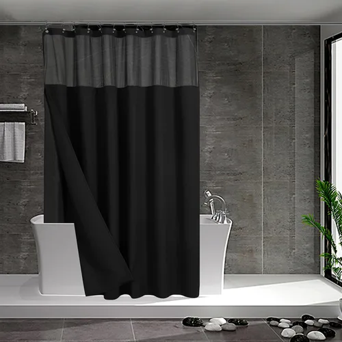 Vista 14 de N&Y HOME - Juego de cortina de ducha de punto gofre, forro de tela a presión y ganchos, para ducha pequeña, estilo hotel, ventana superior de malla