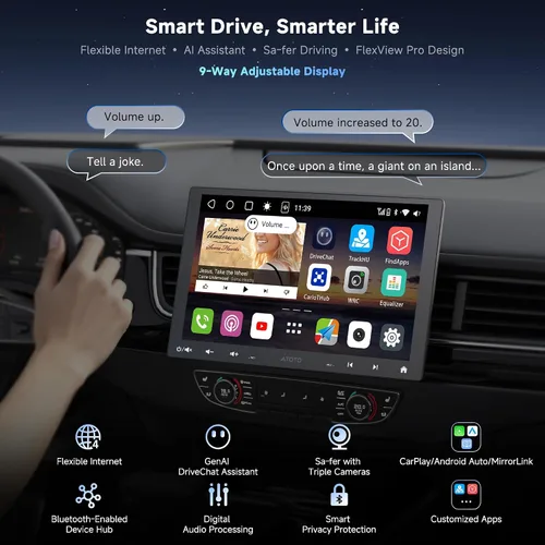 Vista 2 de S8MS 10.1" Android Single DIN & Double DIN Estéreo para coche, con 4G LTE QLED Floating Adjustable Touchscreen, Wireless CarPlay & Android Auto