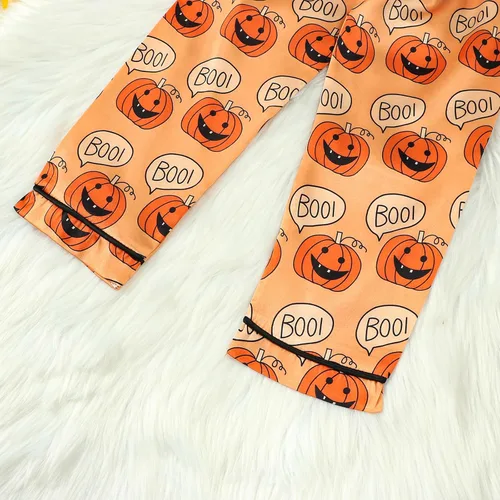 Vista 7 de Pijamas de Halloween para niños y niñas pequeñas, pijamas de seda de calabaza, manga larga, con botones, pantalones y 2 piezas