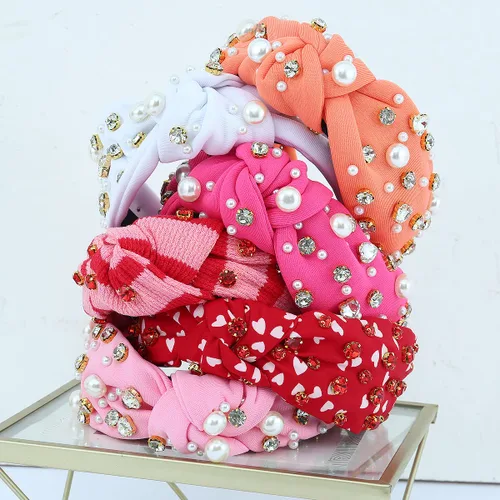 Vista 6 de Diadema con joyas anudadas para mujer, con forma de corazón, adornado con cristal, con parte superior mixta, accesorios para el cabello de nailon