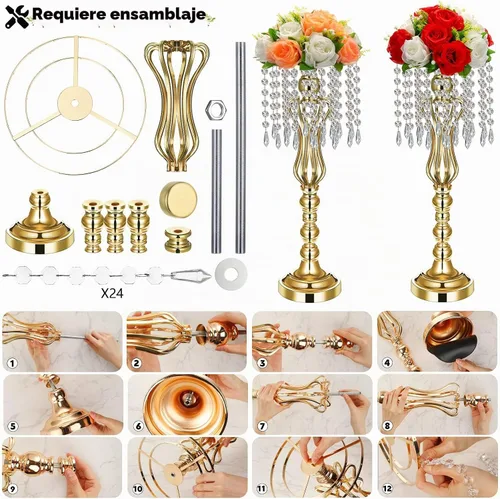 Vista 6 de Didaey - 16 centros de mesa de boda con lámpara de araña, color dorado, 21.3 pulgadas Gold Silver Vase, Tall Flower Stand with Crystal Drops for