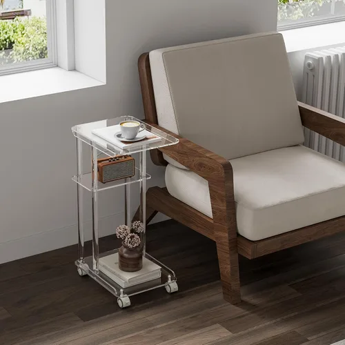 Vista 2 de HMYHUM Mesa de acrílico en forma de C con ruedas, mesa auxiliar transparente para sofá, sala de estar, dormitorio, mesa deslizante debajo del sofá