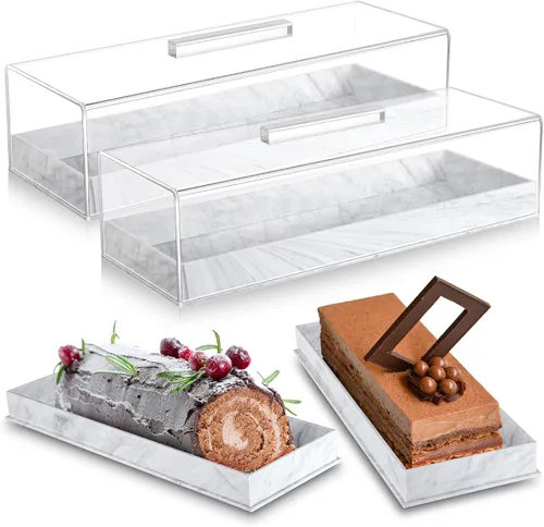 Vista 7 de Dandat 2 piezas Bandeja rectangular de servicio con tapa, mármol gris y negro granulado, soporte rectangular para pastel acrílico, soporte