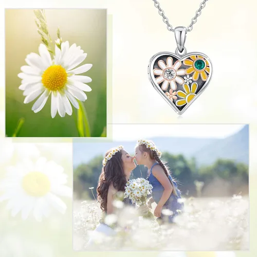 Vista 8 de Collar con medallón de margaritas que sostiene fotos de plata de ley para mujer, medallones de margaritas de girasol para regalos de foto
