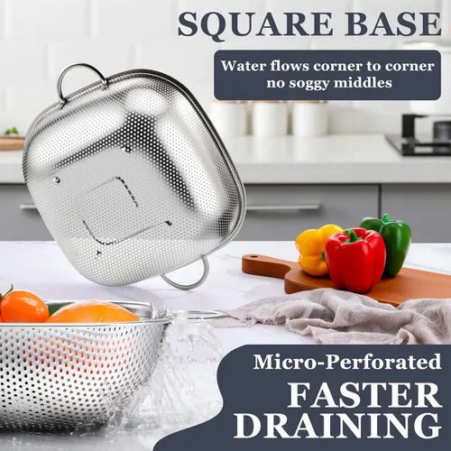 Vista 3 de E-far Paquete de 3 coladores para cocina, colador cuadrado de metal de acero inoxidable con asa para drenar alimentos, pasta, verduras