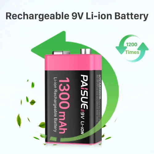Vista 2 de Baterías recargables de 9 V, baterías de iones de litio de alta capacidad de 1300 mAh de larga duración de 9 voltios con cable de carga rápida USB C