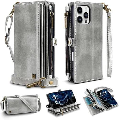 Vista 49 de Funda tipo cartera para iPhone 16 Pro Max con 8 tarjeteros, bloqueo RFID, piel sintética, función atril, abatible, correa de muñeca y correa