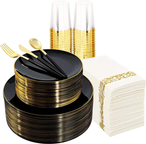 Vista 11 de 150 piezas de platos de plástico negros, platos negros y dorados, cubiertos de plástico dorados, juego de vajilla negro y dorado, vajilla de calidad
