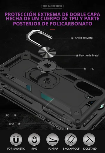 Vista 5 de Funda para Samsung Galaxy Note 10, Note10 con protectores de pantalla HD, soporte de anillo de metal de grado militar con soporte de anillo de Negro