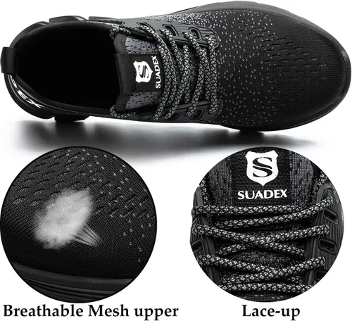 Vista 4 de SUADEX Zapatos de punta de acero para hombres, zapatos indestructibles de seguridad en el trabajo para hombres y mujeres, ligeros, transpirables