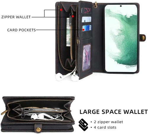Vista 3 de Asuwish Funda de teléfono para Samsung Galaxy S22 Plus S22+ 5G con cremallera, funda desmontable con protector de pantalla y tarjetero de cuero
