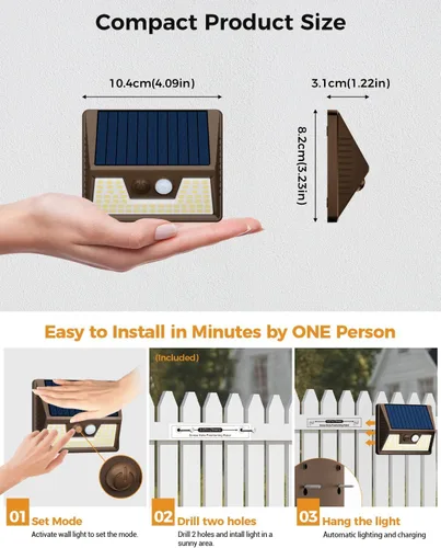 Vista 6 de vighep Paquete de 12 luces solares de movimiento para exteriores, luces impermeables para valla al aire libre, luces LED de pared blancas cálidas
