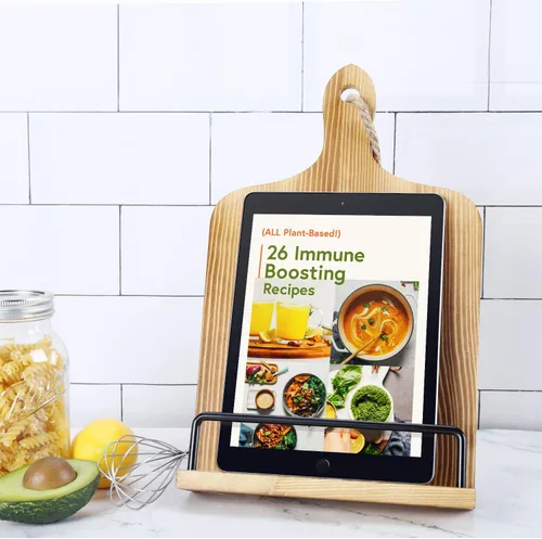 Vista 3 de Soligt Soporte para Libro de Cocina para Encimera de Cocina iPad Tableta Ajustable Soporte para Libro de Recetas Estilo Tabla de Cortar de Madera