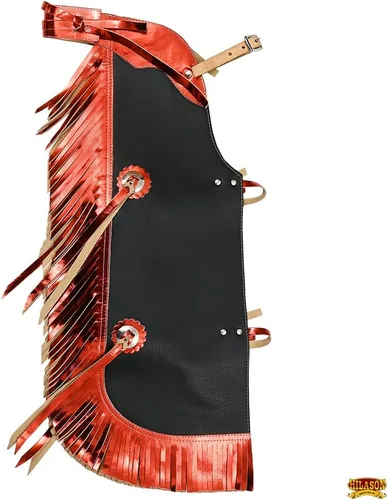 Vista 5 de HILASON Chaleco protector de cuero para equitación de toro juvenil, Chaparreras cortas para montar en toro negro con púrpura Chaparreras