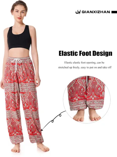 Vista 3 de QIANXIZHAN Pantalones de harén para mujer, pantalones hippie palazzo, pantalones bohemios, ropa de yoga con bolsillos