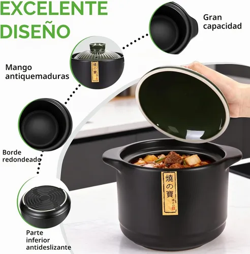 Vista 5 de Olla de cerámica de 2.1 cuartos de galón – Auténtica olla japonesa de arcilla Donabe – Olla de barro para cocción lenta, cazuela con tapa verde