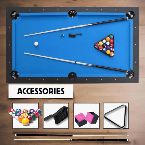 Vista 4 de Mesa de billar de 6 pies, sin montaje, portátil, incluye accesorios para mesas de billar, 2 tacos de piscina, juego de bolas, triángulo, cepillo