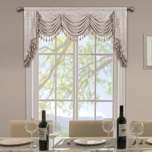 Vista 39 de Loom and Mill Cenefa de cascada de lujo de jacquard para sala de estar, elegantes cenefas de ventana con festones y cuentas damascadas, cortinas