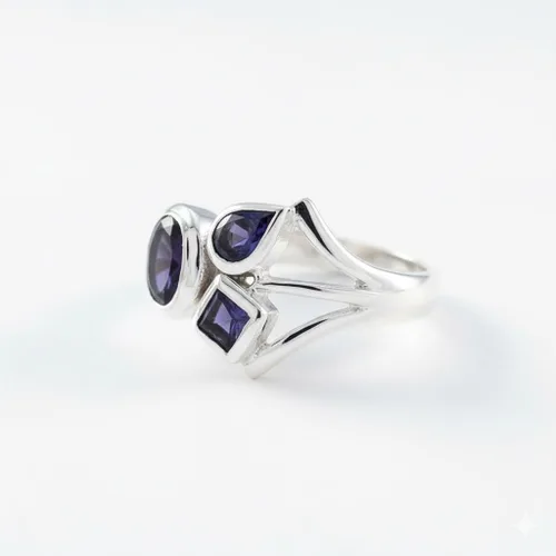 Vista 2 de 55Carat Anillo de iolita de plata con forma mixta de piedras preciosas naturales para mujer, talla 5, 6, 7, 8, 9, 10, 11, 12, 13 de EE. UU