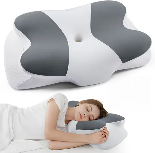 Vista 18 de DONAMA - Almohada cervical para cuello y hombros, diseño de espuma viscoelástica contorneado, soporte ergonómico para dormir de lado, espalda o boca