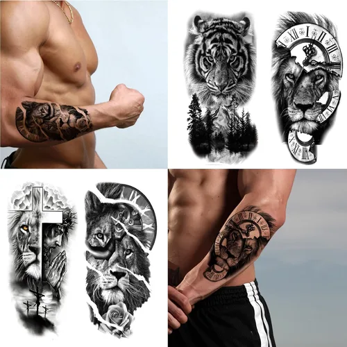 Vista 4 de Tatuajes temporales de animales, 15 hojas de tigre negro león lobo tótem adulto tatuajes temporales, tatuajes falsos hombres