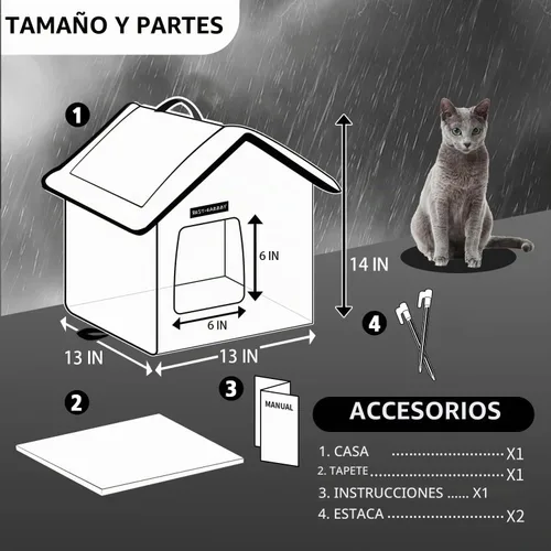 Vista 6 de Rest-Eazzzy Casa para gatos al aire libre, resistente a la intemperie y aislada, con alfombrilla y toldo, fácil de poner, refugio para gatos Negro