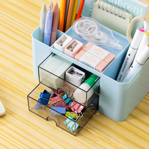 Vista 2 de Organizador de escritorio creativo y simple, 7 rejillas, organizador de mesa de plástico con cajón, organizador de escritorio multifuncional, Azul