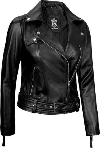 Vista 3 de Decrum Chaqueta de cuero para mujer - Chaqueta de cuero asimétrica estilo motocicleta para mujer