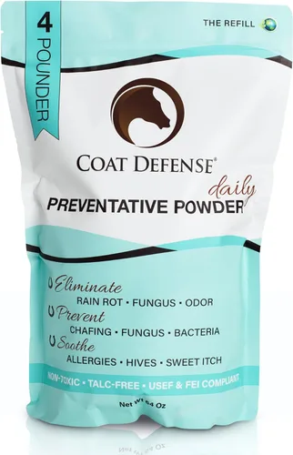 Vista 8 de Coat Defense Polvo preventivo diario y tratamiento de pudrición por lluvia para caballos Picazón dulce equino seguro y eficaz, piel funk, arañazos